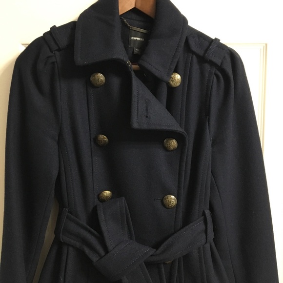 Express Navy Ruffled Pea Coat - Picture 3 of 8